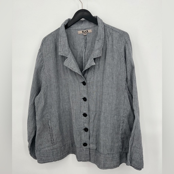 Flax Tops - Flax 100% Linen Stripe Buttoned Blouse Jacket Size 1G- 20/22